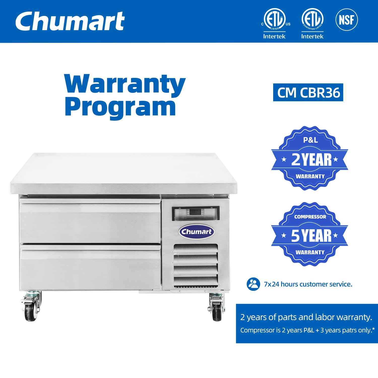 CHUMART 36" Chef Base Refrigerator, 2 Drawer Refrigerated Commercial Refrigerator, Stainless Steel Undercounter Refrigerator, Kitchen Equipment for Restaurant, Bar, Garage