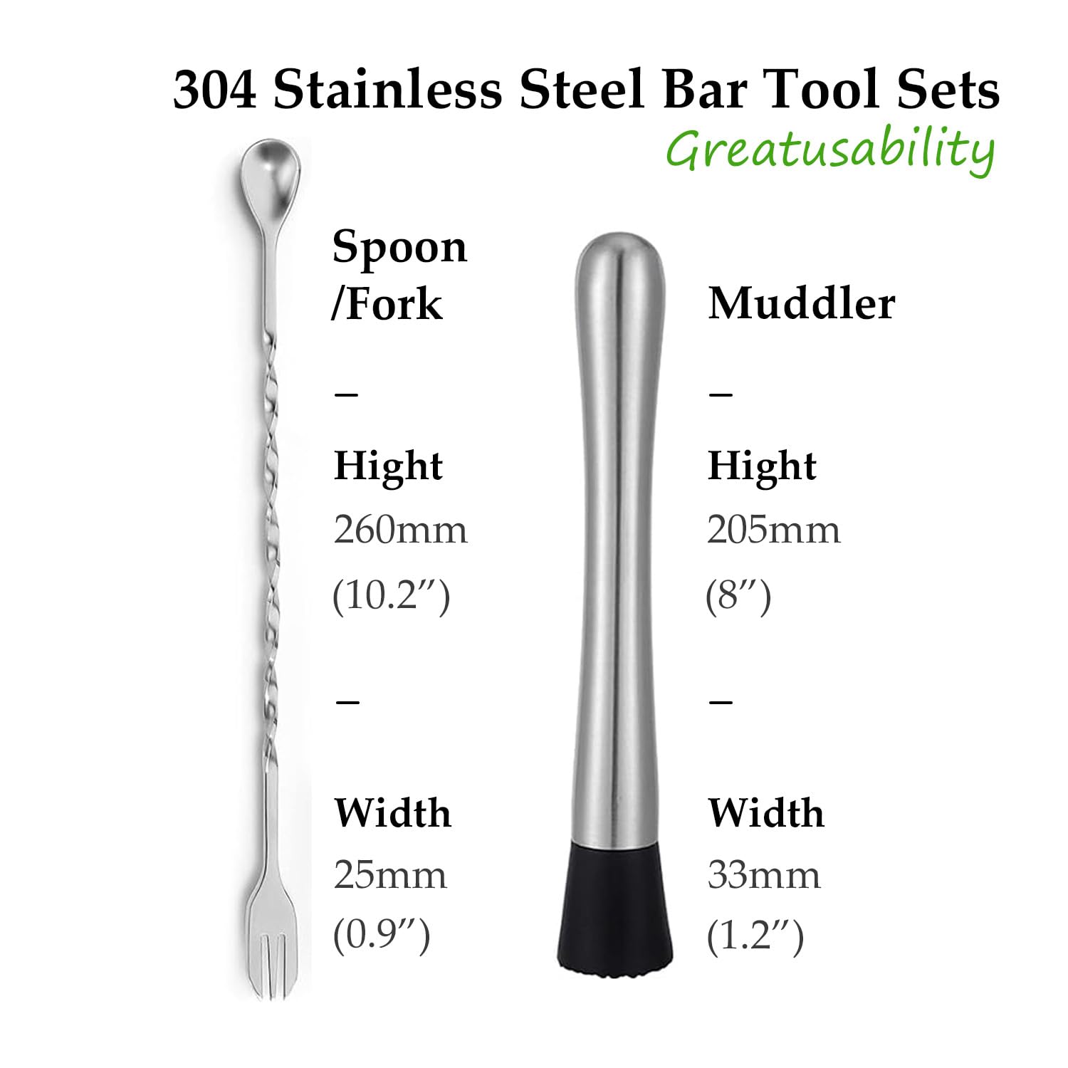 TNCO Muddler for Cocktails, 10" Muddler and Bar Spoon Cocktail Mixing Spoon, Stainless Steel Cocktail Muddler Stirrer, Cocktail Spoon Long Handle, Bar Accessories Tools for Mojitos Fruit Drinks