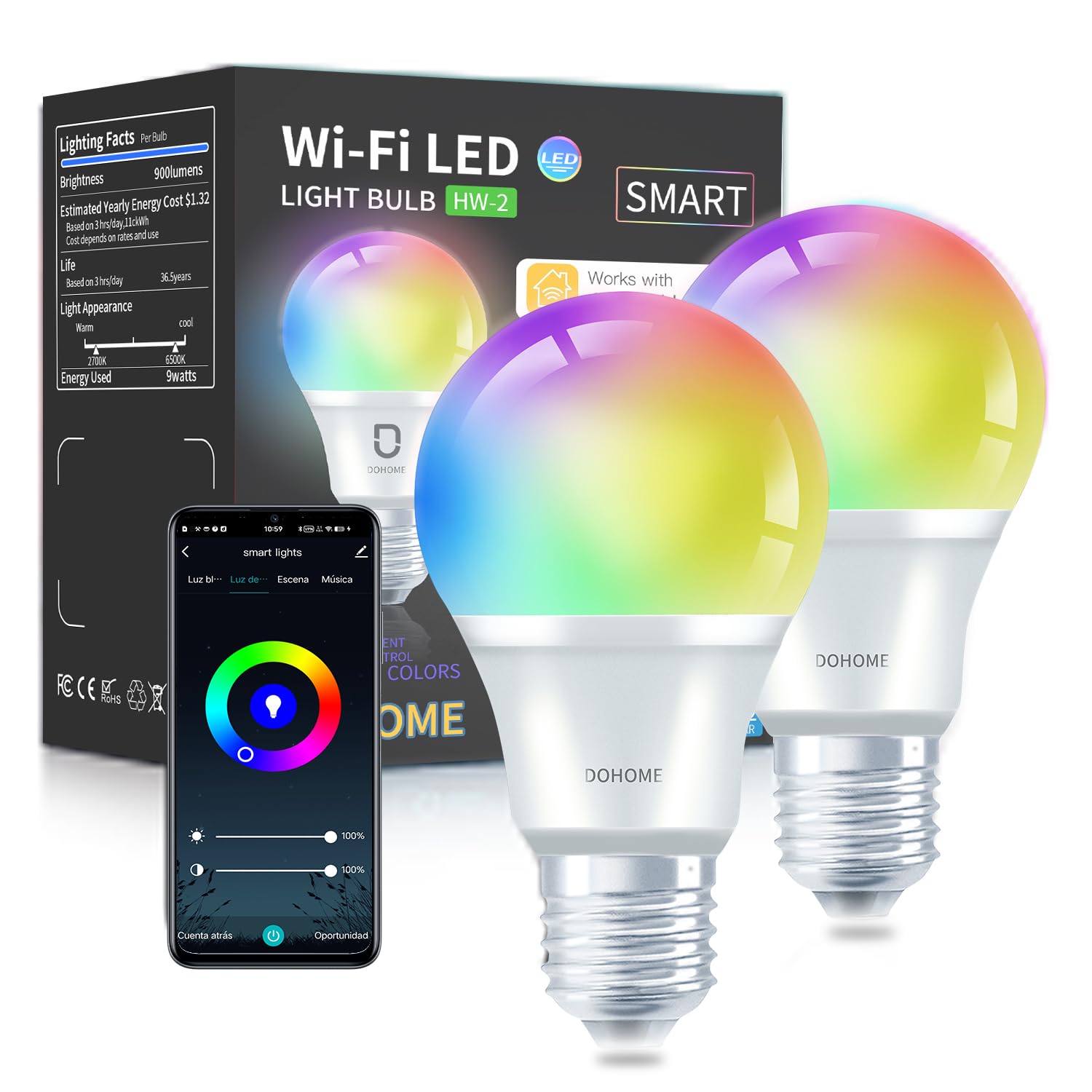 DoHome led Smart Light Bulbs, Homekit Smart Bulb 9W 900LM Work with Alexa, Apple Home, Google Home 2.4GHz WiFi Bluetooth Light Bulb A19 E26 RGBWW Color Changing Dimmable LED Light Bulb 2Pack