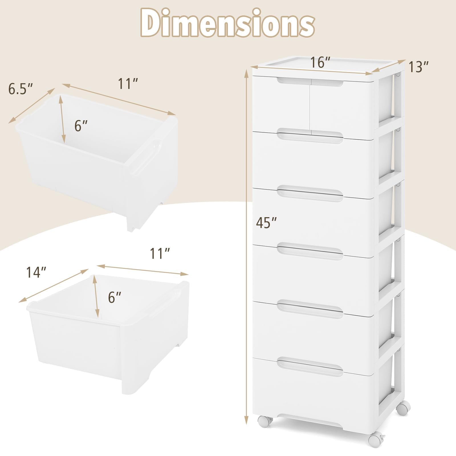 Byroce Plastic Storage Drawer Cart, Mobile Utility Cart, Home Craft Organizer with 7 Drawers & Lockable Wheels, Slim Rolling Storage Cart for Living Room, Bathroom, Dorm & Office (16”L x 13”W x 45”H)