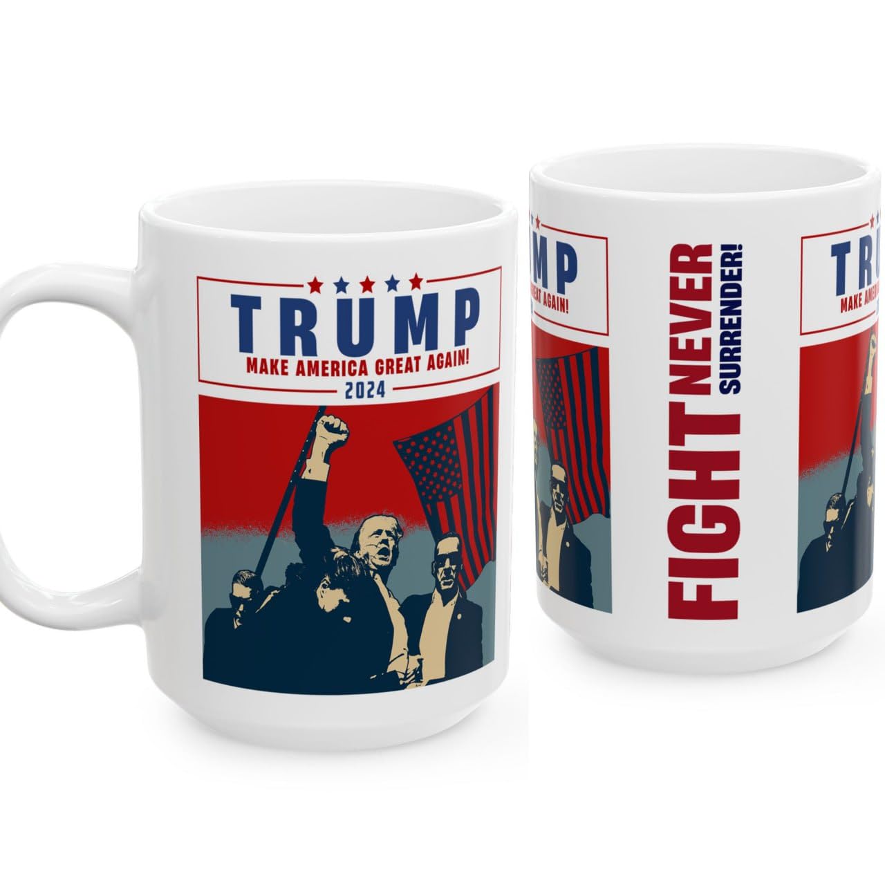 LEISAC Donald Trump 2024, Trump Assassination Attempt Coffee Mug 15Oz, Fight Never Surrender, Make America Great 2024 Campaign President Election Vote Funny Ceramic Gift Cup for Trump Supporter