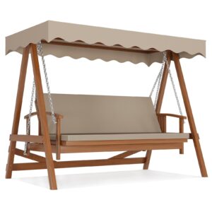 Kybolt Wooden Patio Swing with Adjustable Canopy,3-Seater Wood Patio Swing Bench Bed with Removable Cushion,Patio Swing Glider with Flatbed for Backyard Garden Balcony Poolside