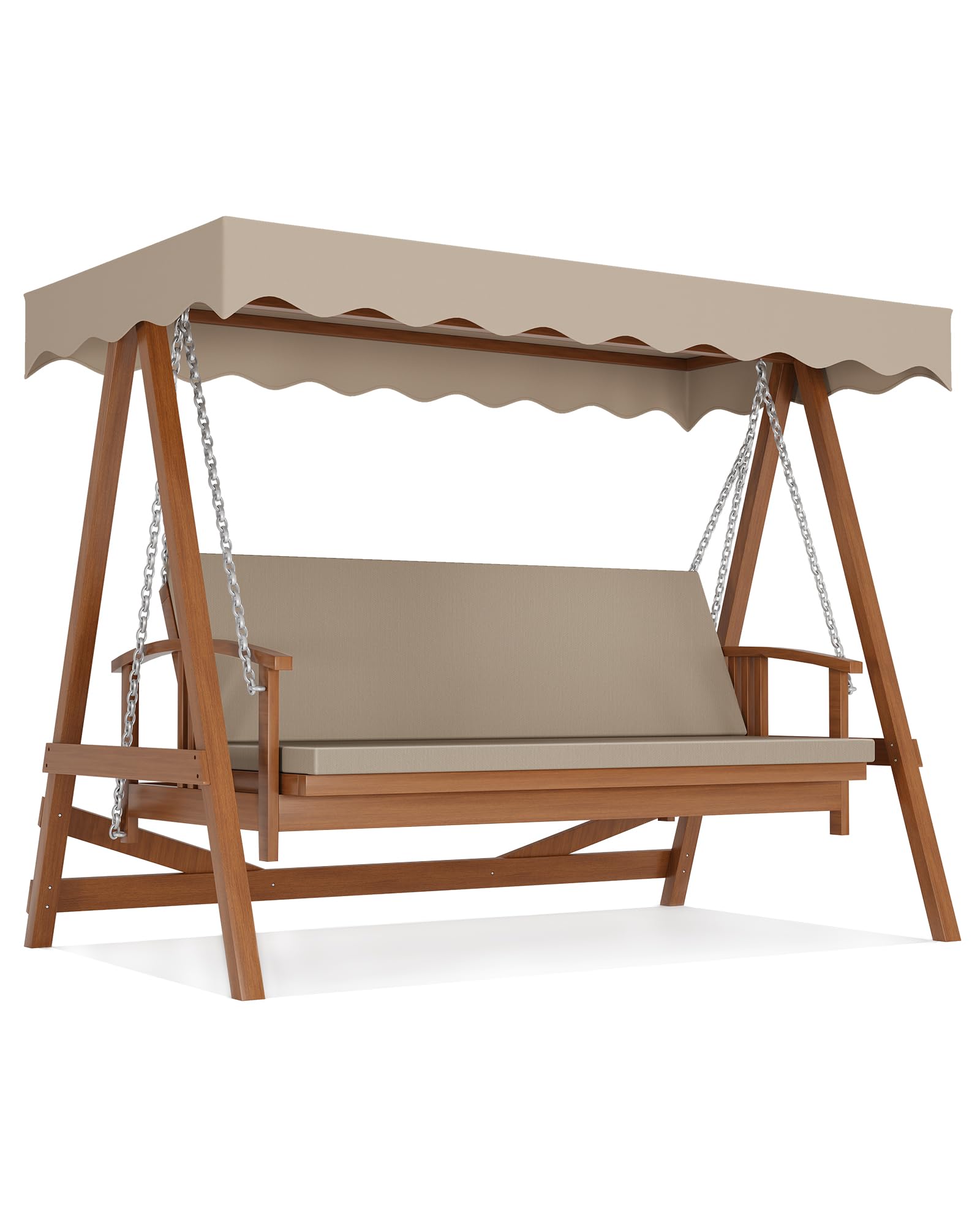 Kybolt Wooden Patio Swing with Adjustable Canopy,3-Seater Wood Patio Swing Bench Bed with Removable Cushion,Patio Swing Glider with Flatbed for Backyard Garden Balcony Poolside