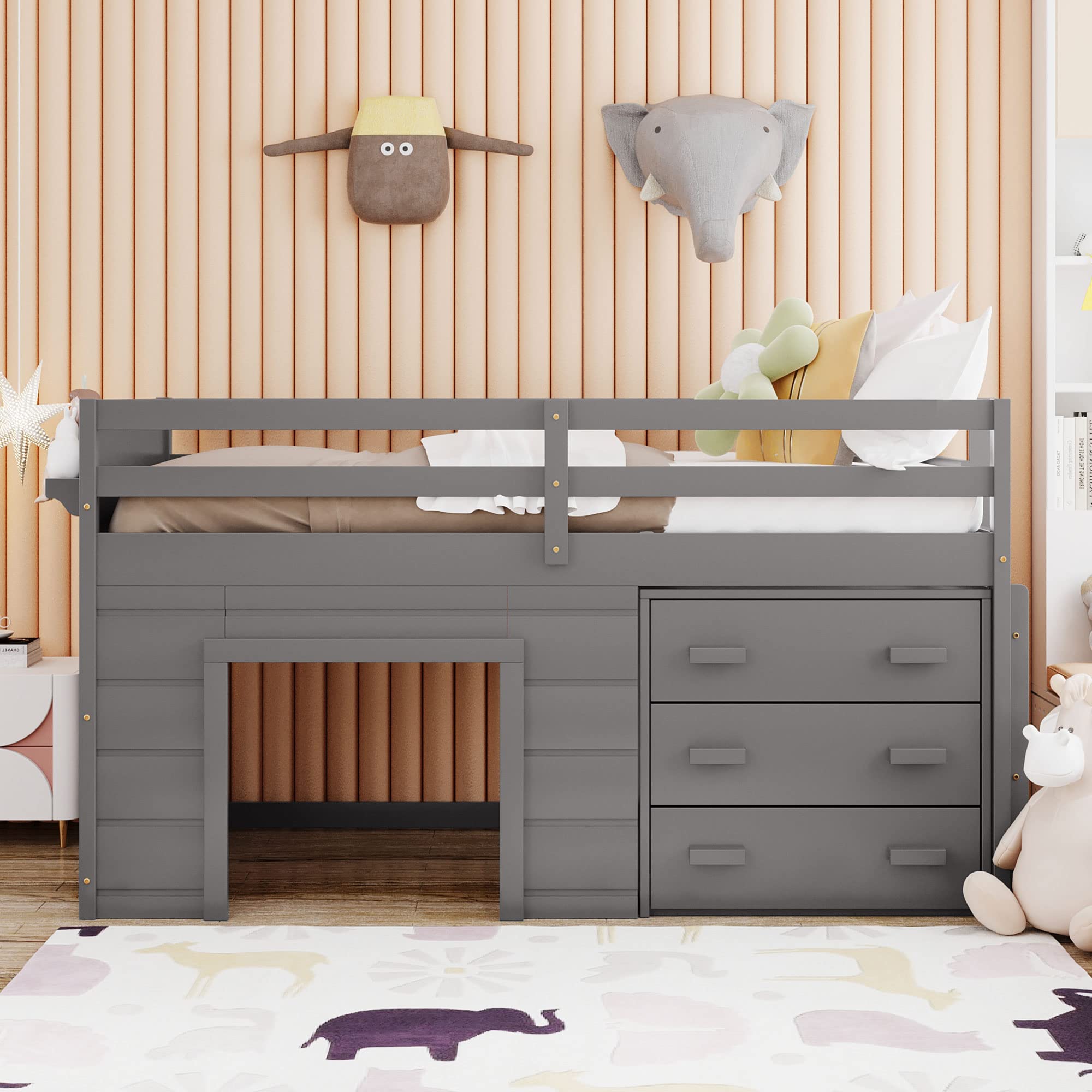 Harper & Bright Designs Low Twin Loft Beds with Storage Drawers, Wooden Twin Loft Bed with Cabinet & Bedside Tray, Kids Twin Loft Bed for Girls & Boys (Twin, Grey)