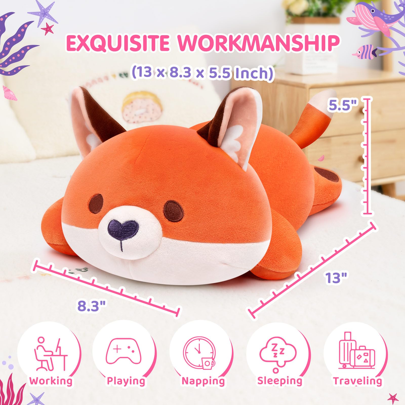 Mewaii Cute Fox Plush Pillow, Kawaii Plushies Red Fox Stuffed Animals, Squishy Plushies, Cuddle Plush Pillow for Boys & Girls