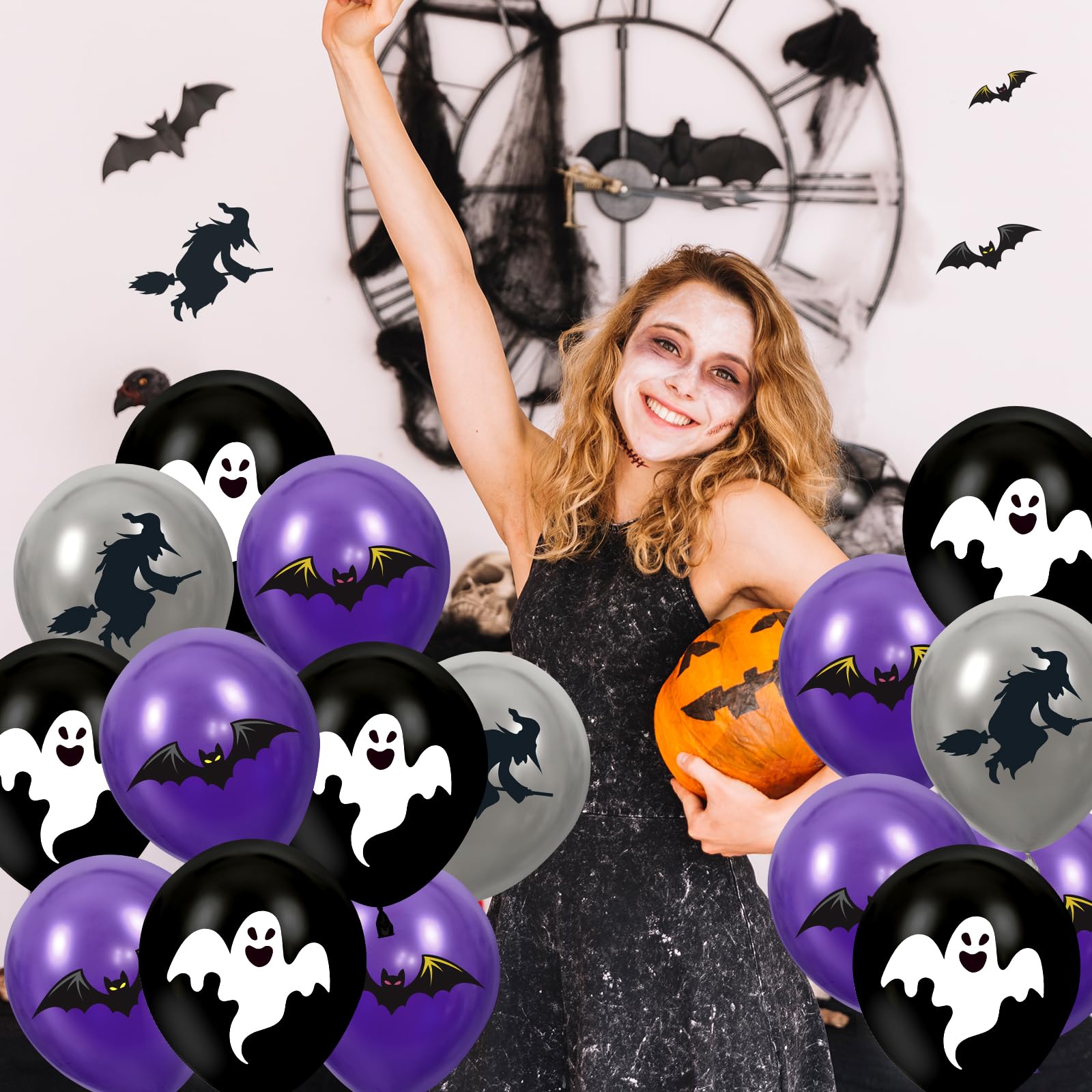 50Pcs Halloween Party Balloons Decorations Black Purple Silver Halloween Balloon 12 Inch Latex Balloons Bat Ghost Witch Balloon for Kids Halloween Trick or Treat Party Birthday Baby Shower Supplies