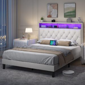 hombck queen size bed frame with led lights, led bed frame with charging station & storage shelf headboard, white velvet upholstered bed frame with diamond tufted, no box spring needed, noise-free