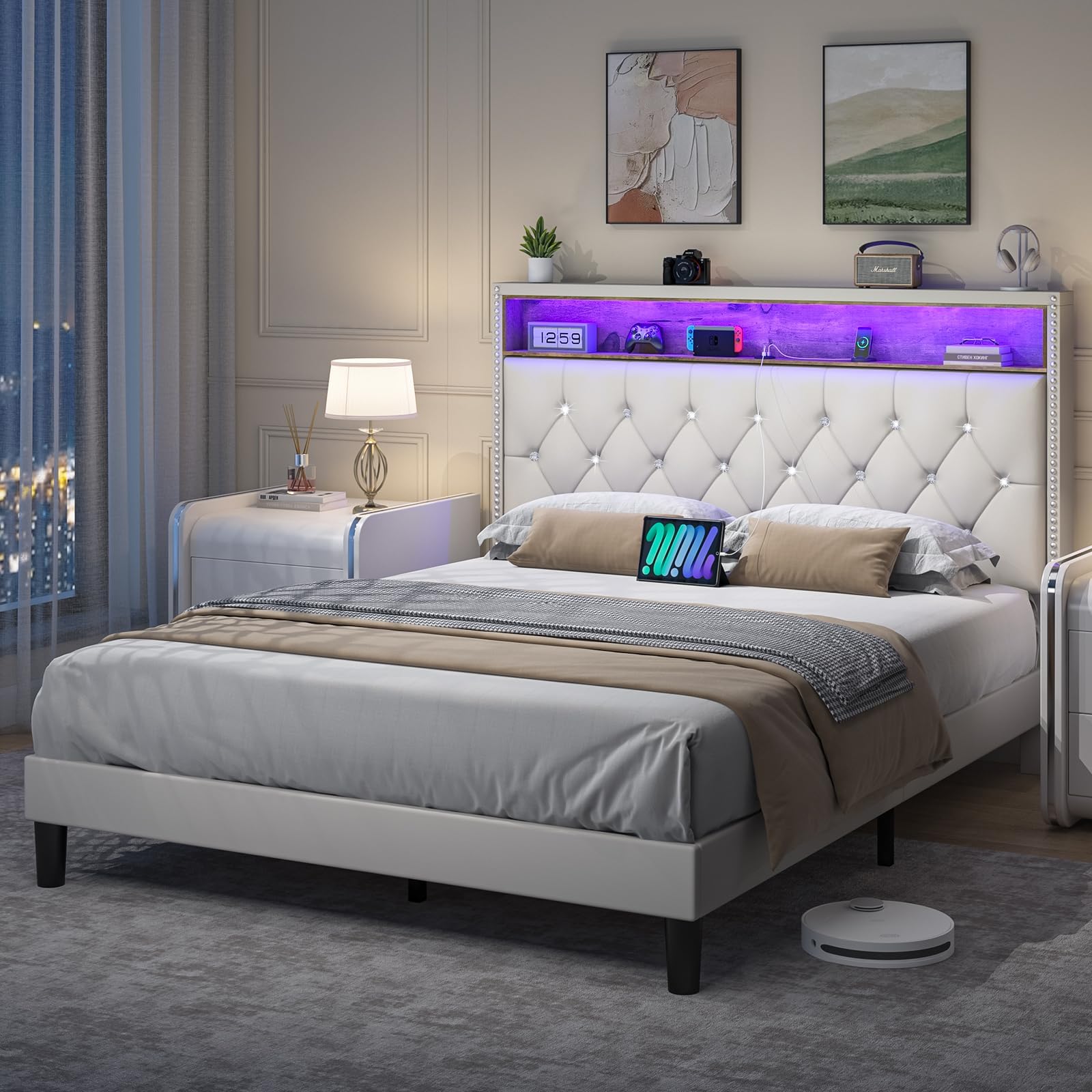 HOMBCK Queen Size Bed Frame with Led Lights, Led Bed Frame with Charging Station & Storage Shelf Headboard, White Velvet Upholstered Bed Frame with Diamond Tufted, No Box Spring Needed, Noise-Free