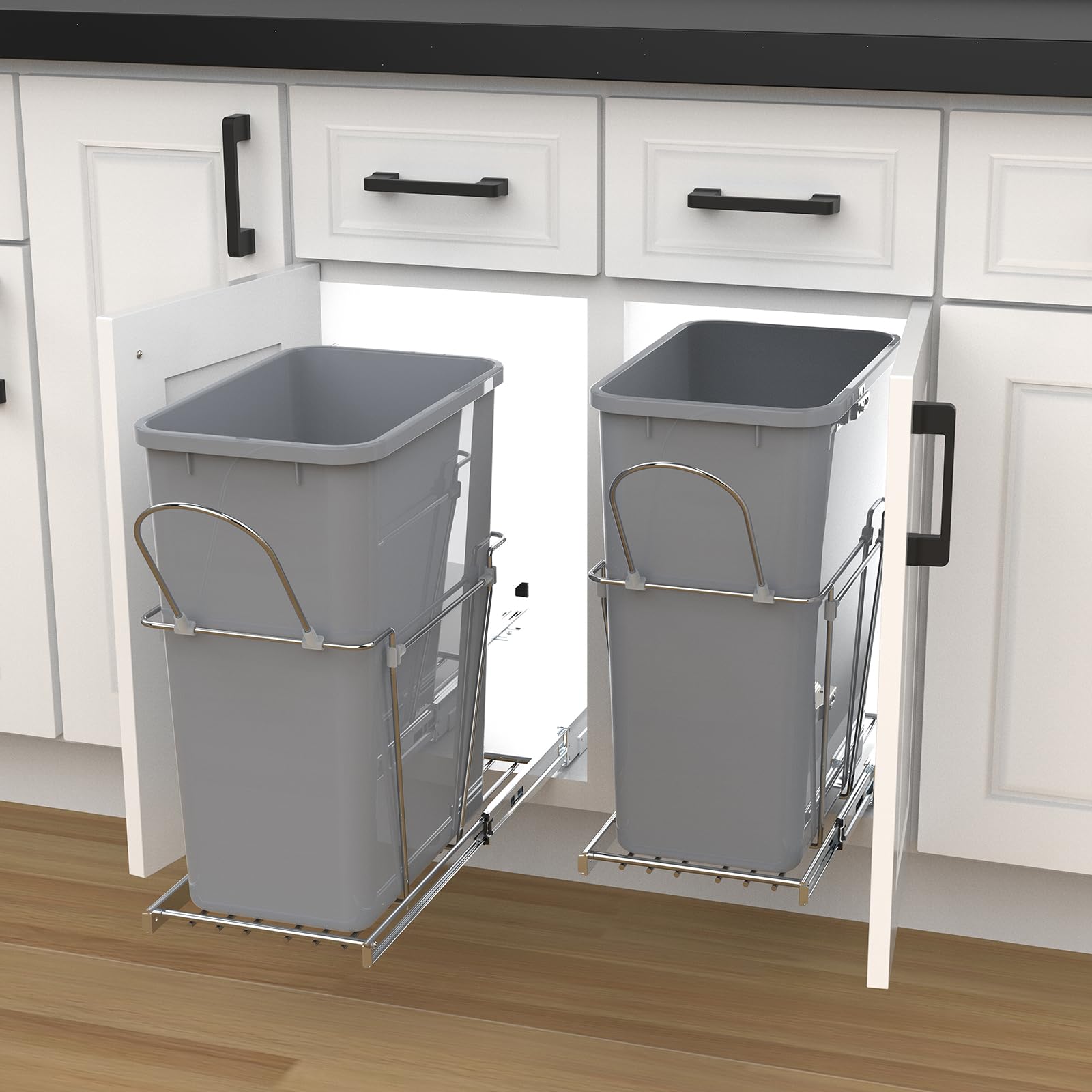 Single Pullout Trash Can for Under Kitchen Cabinets Include Single 35QT Trash Bin Doesn't Include Door Fittings, Bottom-Mount Recycling Bin