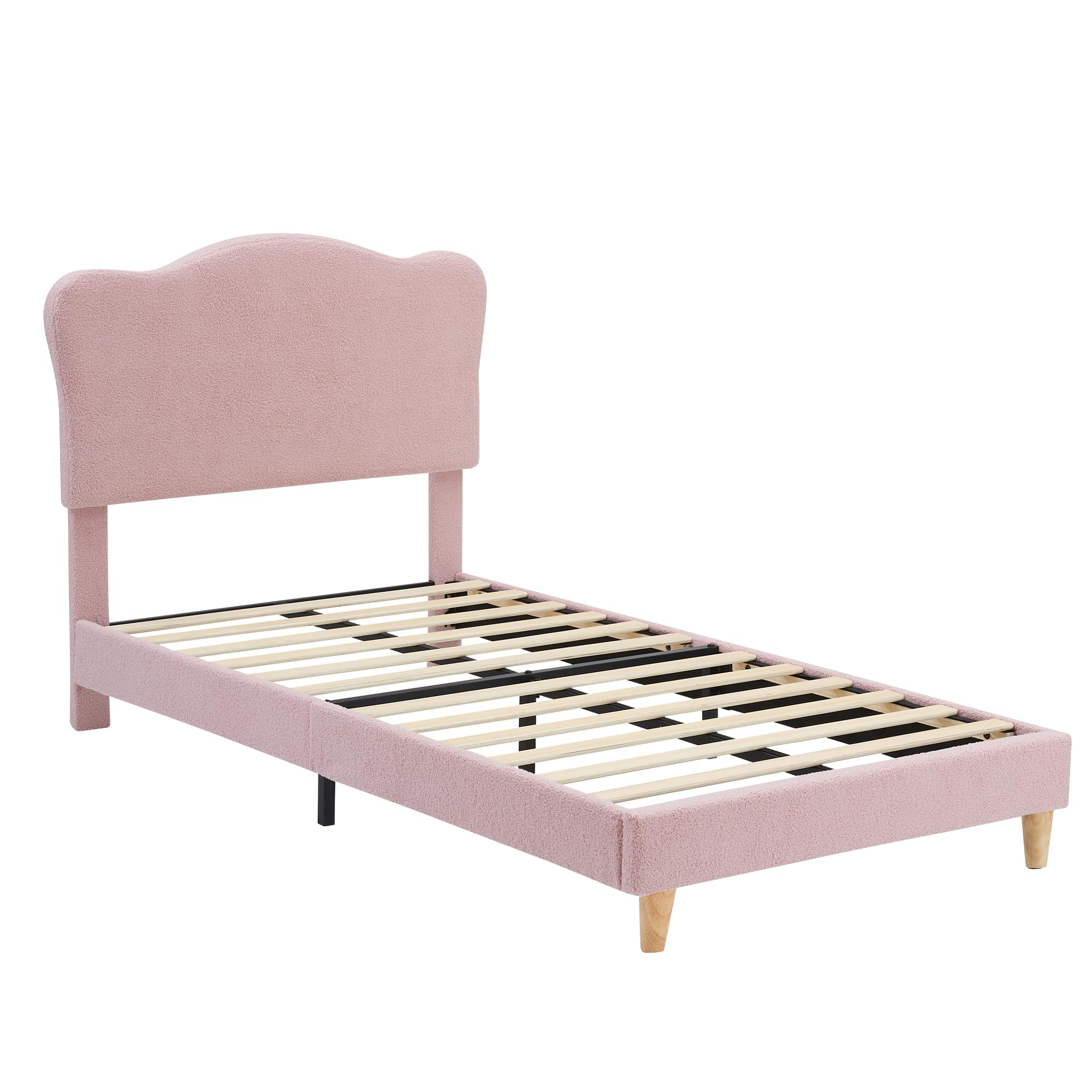 GarveeHome Upholstered Twin Size Bed Frame for Kids with Scallop Headboard, Cute Velvet Twin Bed for Girls, Boys, Sturdy Platform Bed, No Box Spring Needed, Wooden Slats, Noise Free, Pink