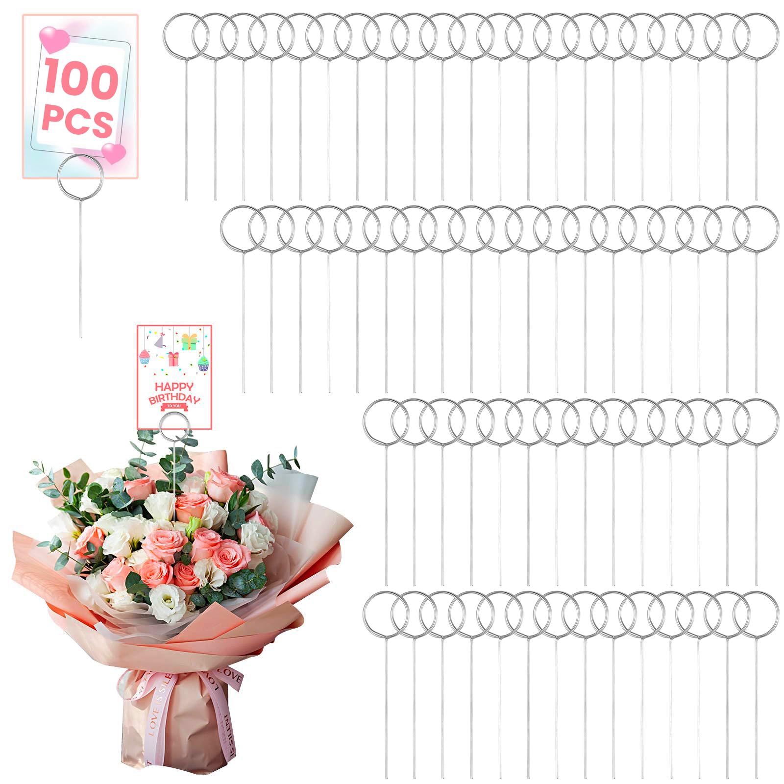 100 Pcs Floral Card Holder Table Number Card Holders, Circle Swirl Round Place Card Holder, Pin Wire Card Holder Picture Holder Centerpieces Cake Photo Memo Note Holders for DIY Party Decoration