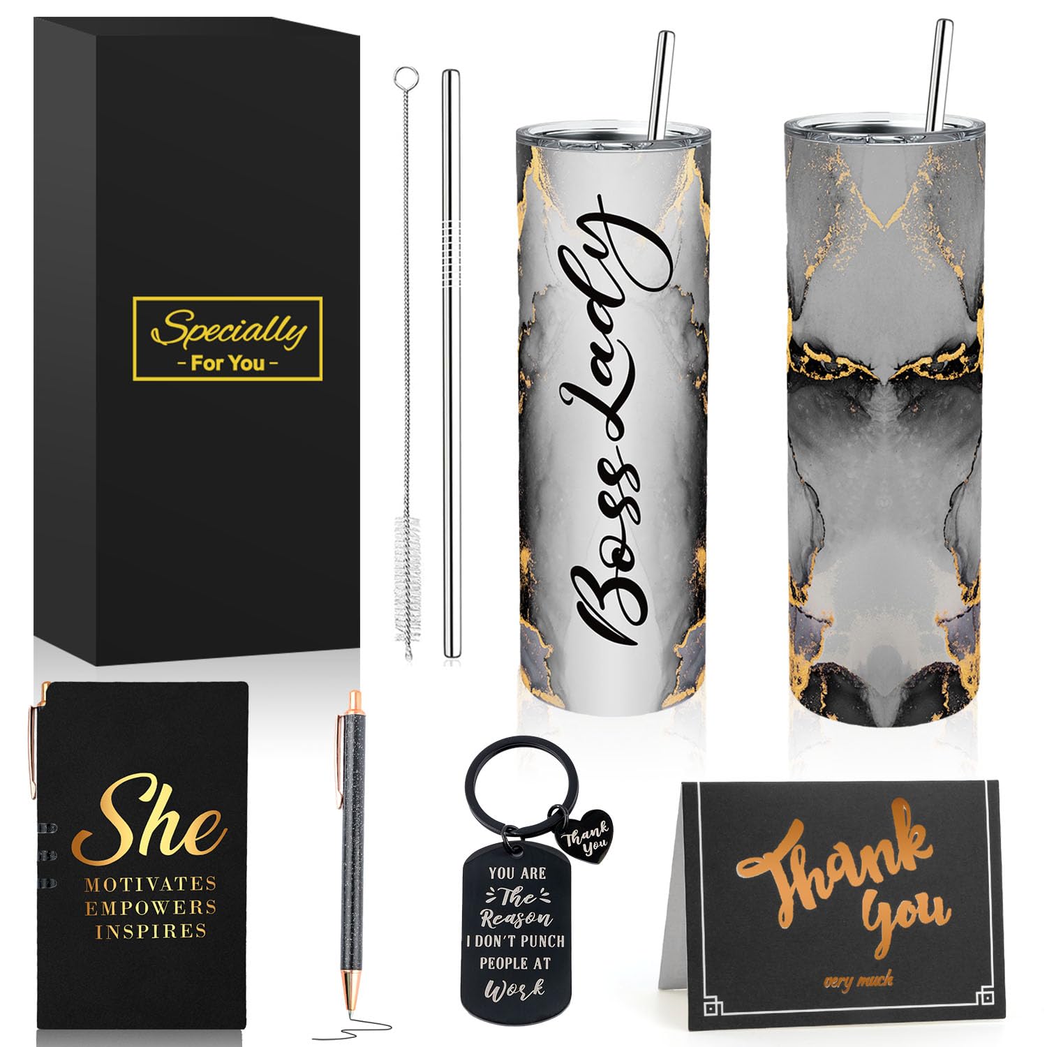 Boss Lady Gifts for Women, Best Boss Gifts for Women with 20 OZ Boss Lady Tumbler Notepad Ballpoints keychain Thank You Gift Cards, Boss Birthday Gifts & Boss Christmas Gifts for Women(Black)