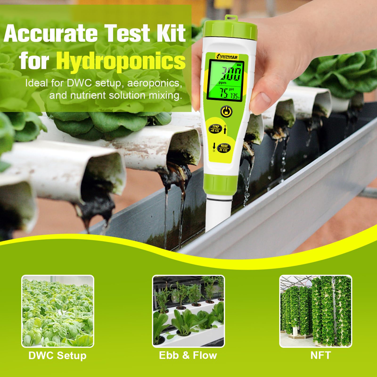 UIUZMAR pH EC Meter for Water Hydroponics PPM and pH Meter for Nutrients Measure pH PPM Conductivity Temperature DWC PH and EC PPM Water Tester for Nutrient Solution EC pH TDS Meter for Water System