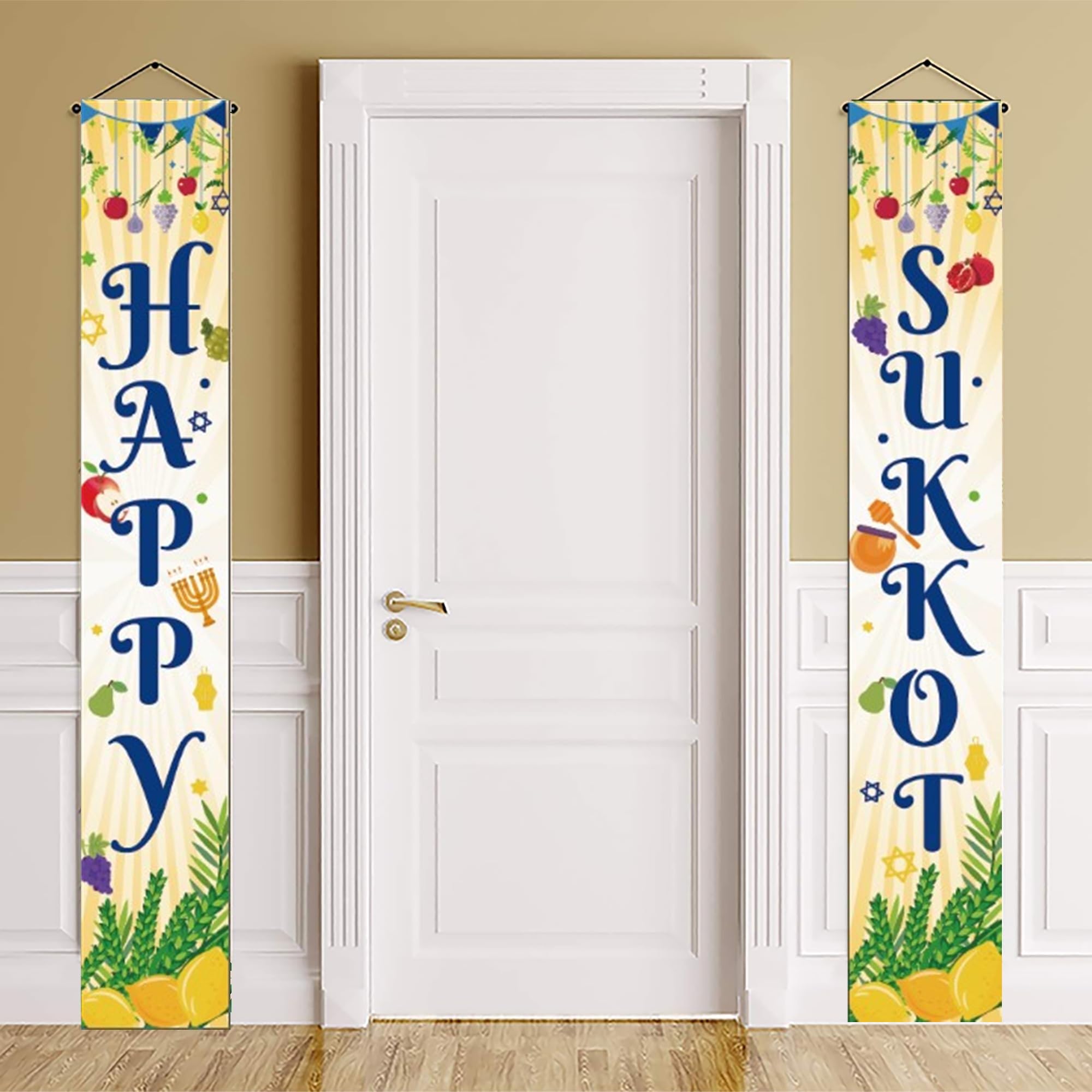 LOONELO Happy Sukkot Porch Banner with 70.9" X 11.8", Etrog Lulav Jewish Holiday Hanging Porch Sign, Sukkah Jewish Hebrewh Party Decorations Supplies for Jewish Holiday Sukkot Celebration Festival