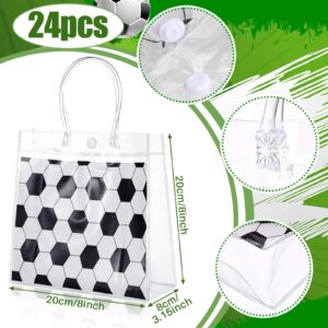 Sweetude 24 Pieces Soccer Gift Bags with Handles 8x8x3.15 Inch Soccer Party PVC Treat Bags Soccer Clear Favor Bags Sports Theme Birthday Party Favor Bag Bulk for Sports Party Competition