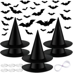 octeric 6 pcs halloween black witches hats 16 pcs 3d bats, floating witch hat costume accessories wizard hats bulk for women kids porch decorations indoor outdoor decor party favors