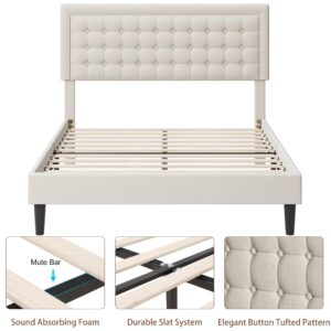 Keyluv Full Size Bed Frame with Button Tufted Headboard, Modern Fabric Upholstered Platform Bed Frame, Strong Wooden Slats Support, No Box Spring Needed, Beige