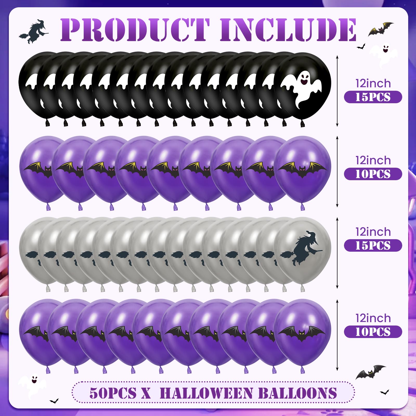 50Pcs Halloween Party Balloons Decorations Black Purple Silver Halloween Balloon 12 Inch Latex Balloons Bat Ghost Witch Balloon for Kids Halloween Trick or Treat Party Birthday Baby Shower Supplies