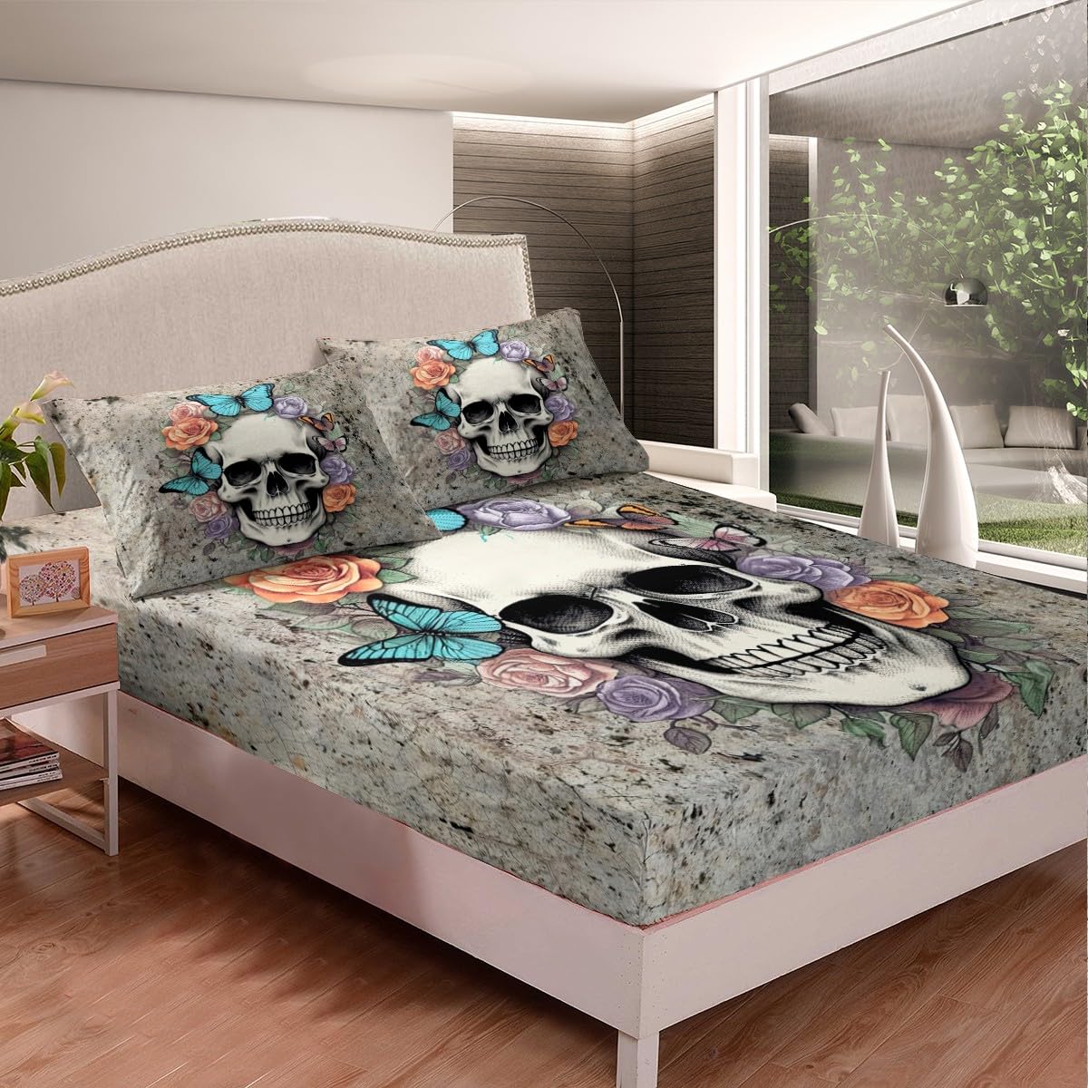 Feelyou Skull Fitted Sheet Full Size Flower Bedding Set for Boys Girls Teens Butterfly Bed Sheet Set Grey Bed Cover Room Decor