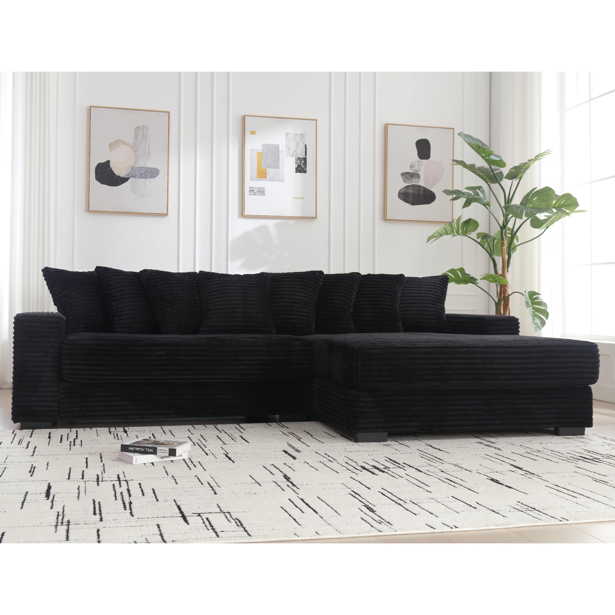 JUSTONE 111'' Modern Sectional Sofa Cloud Couch for Living Room, L Shaped Sofa, Corduroy,Right Chaise Daybed with Armrests,Eight Throw Pillows,Easy to Assemble,Black