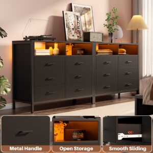 Hyomdeck Black Dresser for Bedroom, 6 Drawer Dresser with LED Lights and Power Outlet, Wood Dresser, Tall Chest of Drawer Storage Organizer, Dresser TV Stand for Living Room, Hallway, Entryway