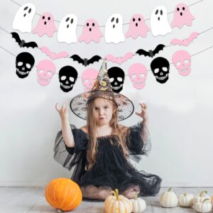 Pink Halloween Decorations, Pink and Black Halloween Decorations includes Happy Halloween Pink Ghost Garland Pink Bat Skeleton, Pastel Halloween Decorations for Girly Halloween Decor