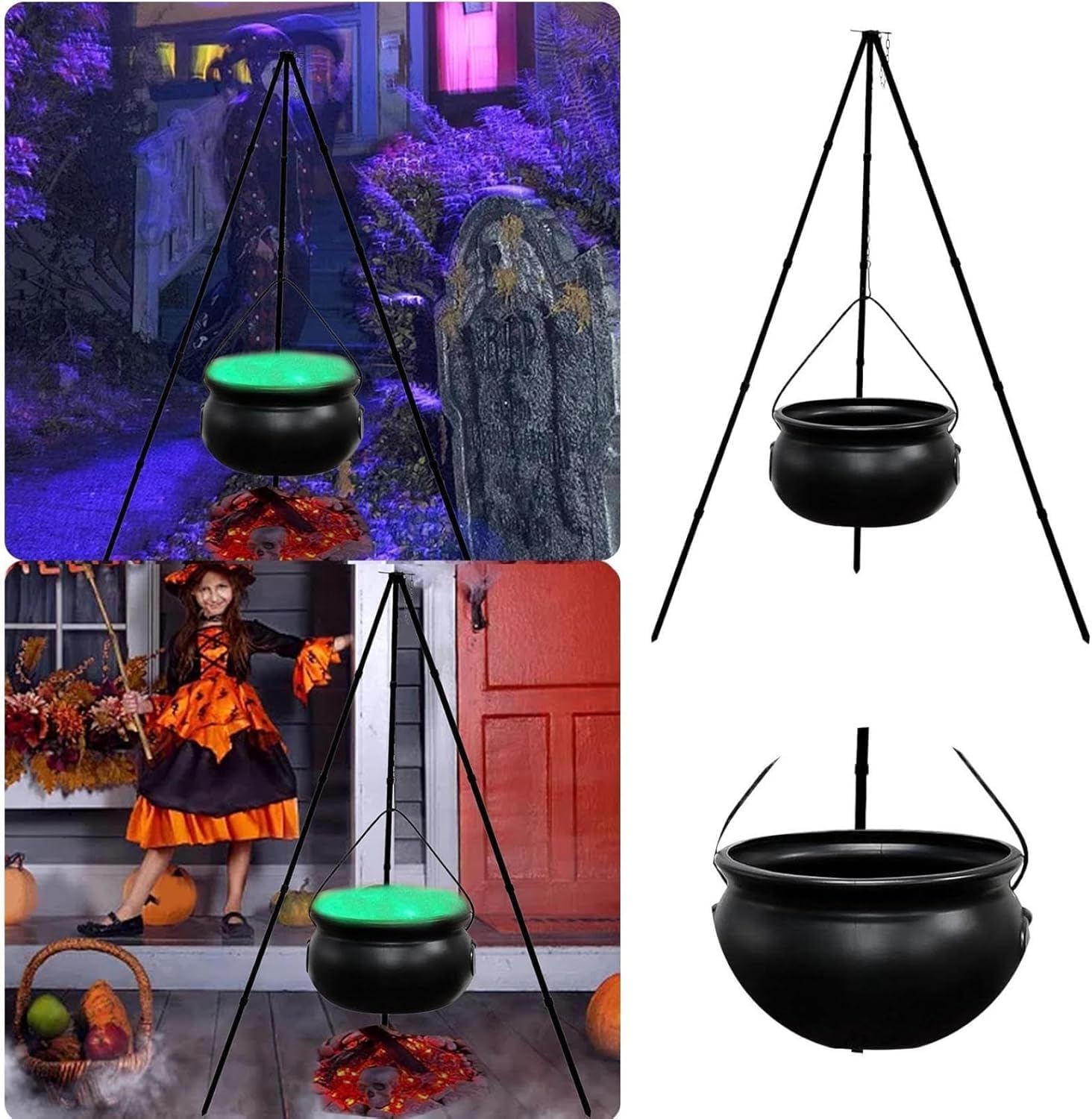 Generic 30 Inches Tall Large Witch Cauldron, Halloween Outdoor Decorations Halloween Cauldron on Tripod with Green Lights, Witch Pot of Brew for Halloween Party Witch Accessories, Black