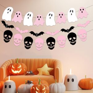 Pink Halloween Decorations, Pink and Black Halloween Decorations includes Happy Halloween Pink Ghost Garland Pink Bat Skeleton, Pastel Halloween Decorations for Girly Halloween Decor