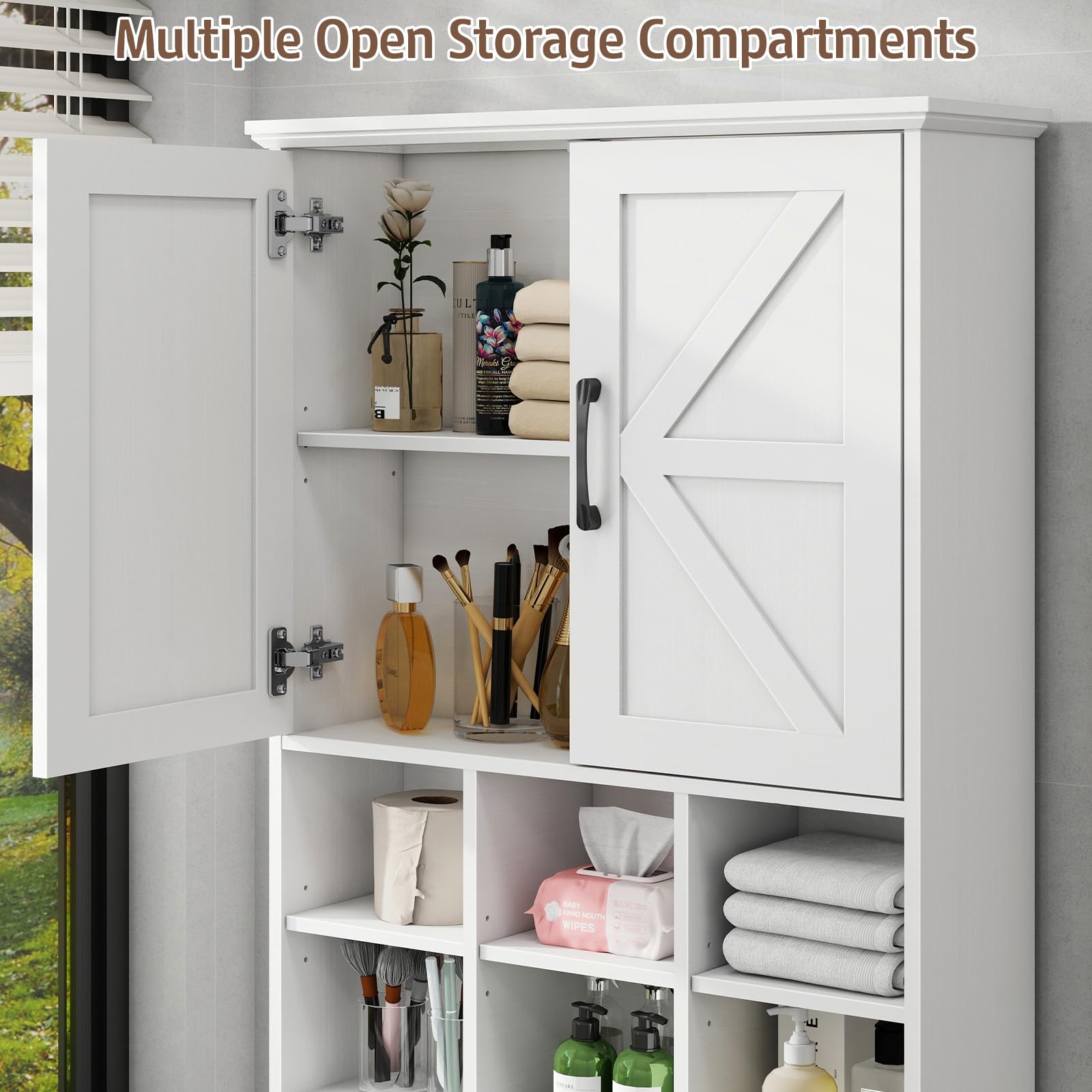 Befrases Over The Toilet Storage Cabinet with 2 Doors Storage Cabinet, Bathroom Storage Cabinet with Adjustable Storage Compartments, Suitable for Bathroom, Laundry Room, Small Spaces, White