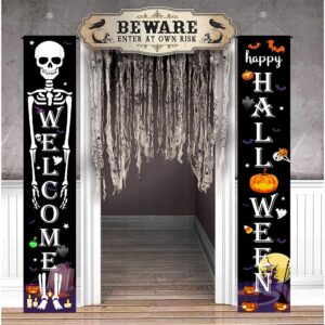 Halloween Decorations Outdoor - Happy Halloween & Welcome Skeleton Porch Banners for Halloween Decor - Front Door Outside Yard Garland Party Supplies