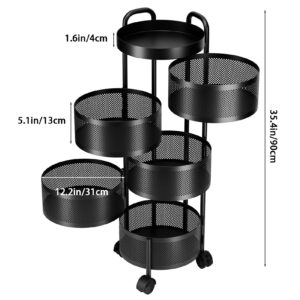 Kitchen Storage Rack 5-Tier Circular Rotating Basket,Vegetable Rack Rotating Kitchen Storage Rack with 360 Degree Wheels,Fruit Basket Floor Stand Shelf Fruit Tower for Kitchen Black