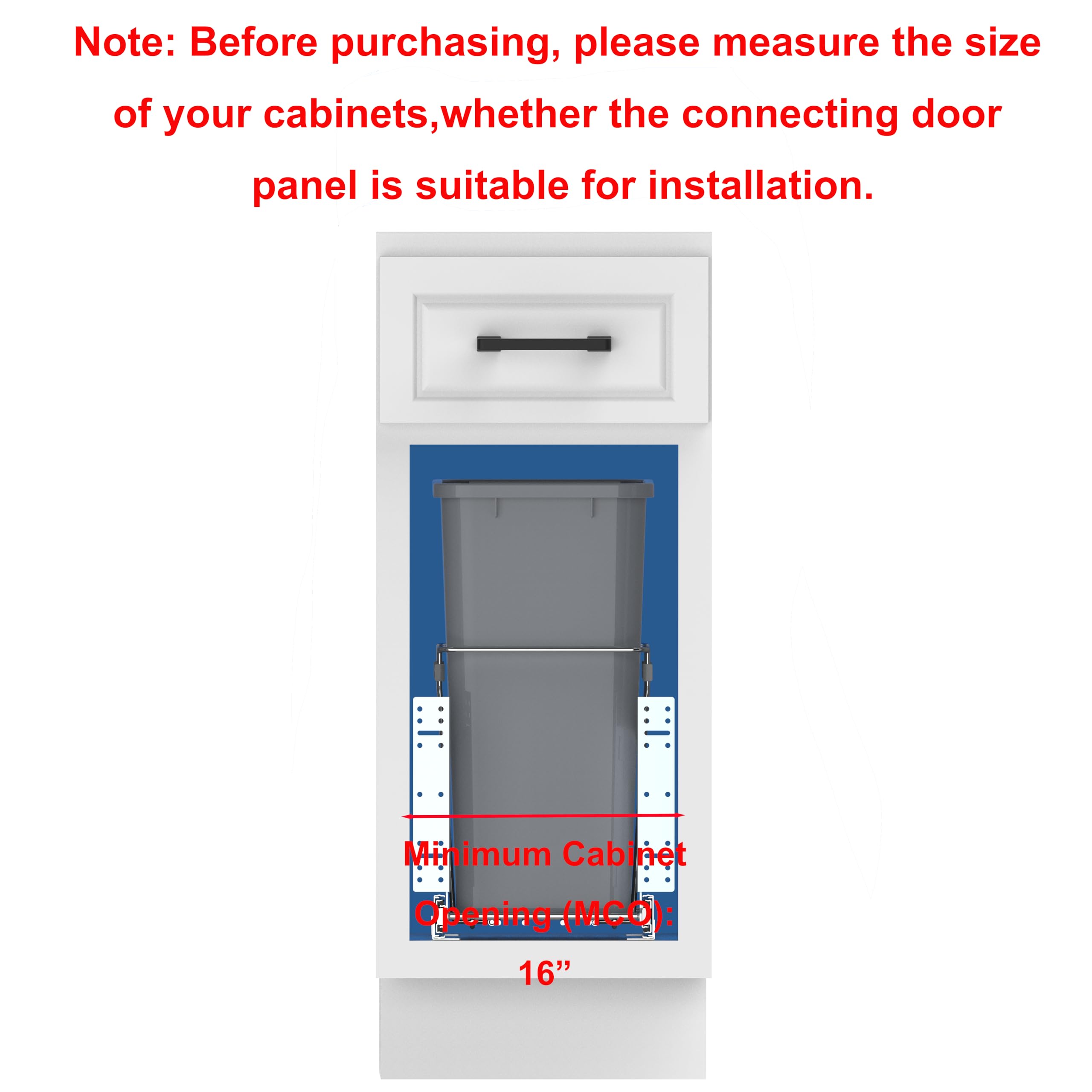 Single Pullout Trash Can for Under Kitchen Cabinets Include Single 35QT Trash Bin Doesn't Include Door Fittings, Bottom-Mount Recycling Bin