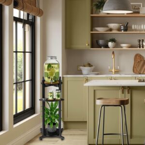 KirKical Water Dispenser Floor Stand with Curved Shelf for Cups, Metal with Wood Storage Shelf for 1-5 Gallon Water Bottle/Crocks, Drink Dispenser, Beer Keg, and Potted Plant, Black