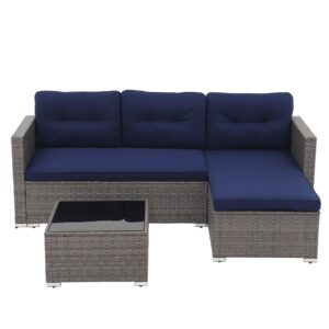 i-vties patio furniture set, 3 pieces patio wicker conversation sofa set, outdoor/indoor wicker rattan sofa with cushion, pillows and glass table(blue)