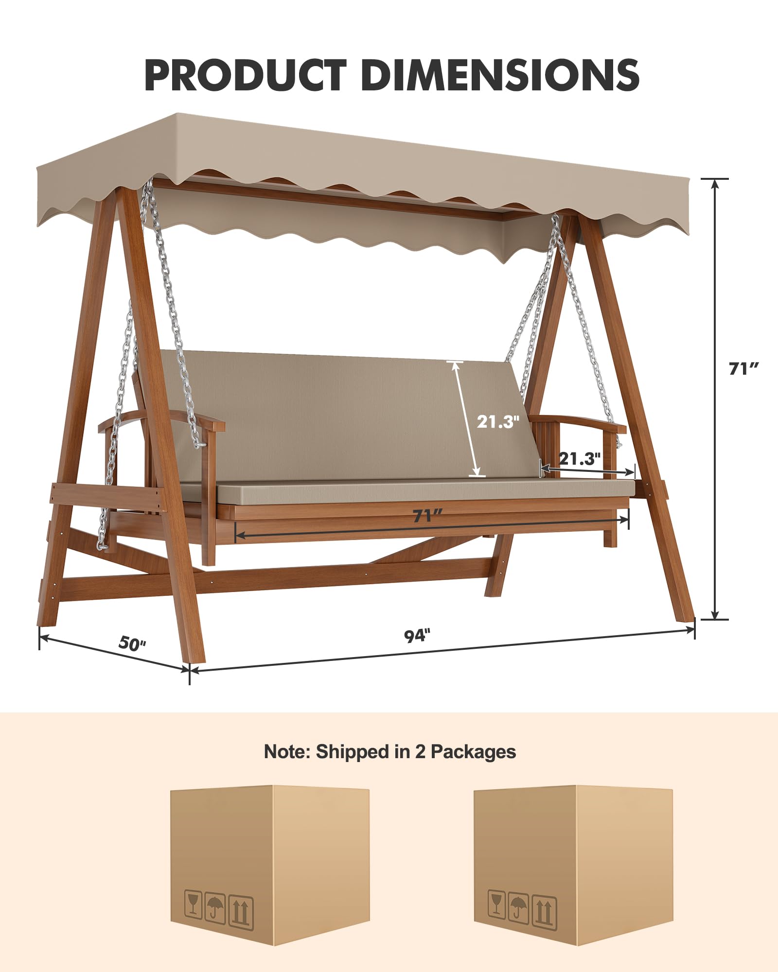 Kybolt Wooden Patio Swing with Adjustable Canopy,3-Seater Wood Patio Swing Bench Bed with Removable Cushion,Patio Swing Glider with Flatbed for Backyard Garden Balcony Poolside