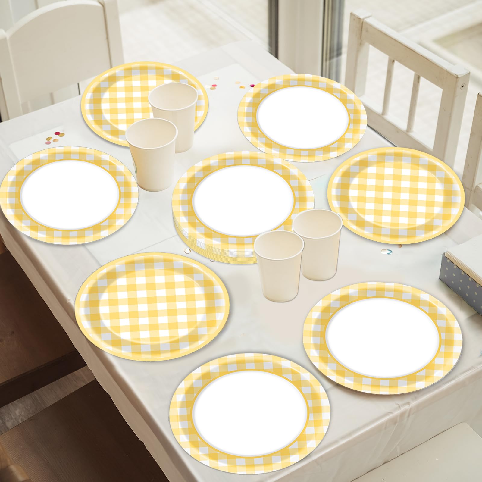 48Pcs Yellow Gingham Paper Dessert Plates Yellow and White Party Supplies Yellow Checkered Tableware Party Decorations Plaid Plates Dinnerware for Boys Girls Birthday Picnic Bride Shower Favor 7”