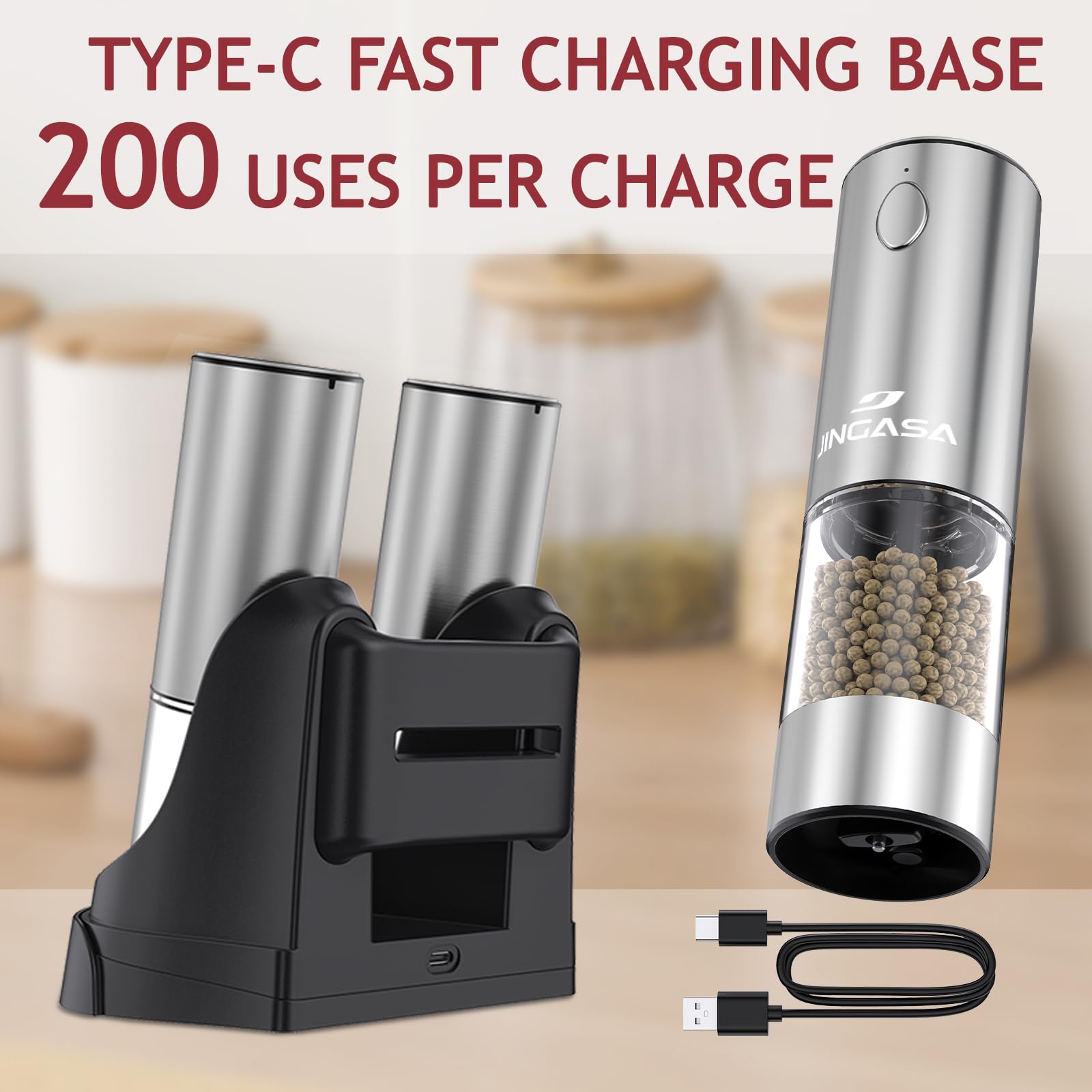 [Upgraded Larger Capacity] Electric Salt and Pepper Grinder Set with USB Charging Base, 95ml Large Capacity, Adjustable Coarseness,Stainless Steel Automatic Pepper Mill with One-Hand Operation, 2 Pack