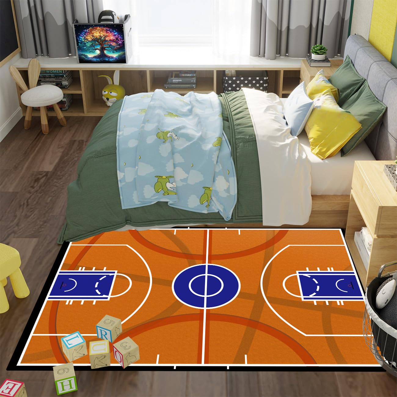 Basketball Court Rug - Basketball Rug for Boys Bedroom Sports Rug Basketball Prints Carpets for Living Room Bedroom Playroom Sports Decor Floor Mat, 3'×5'