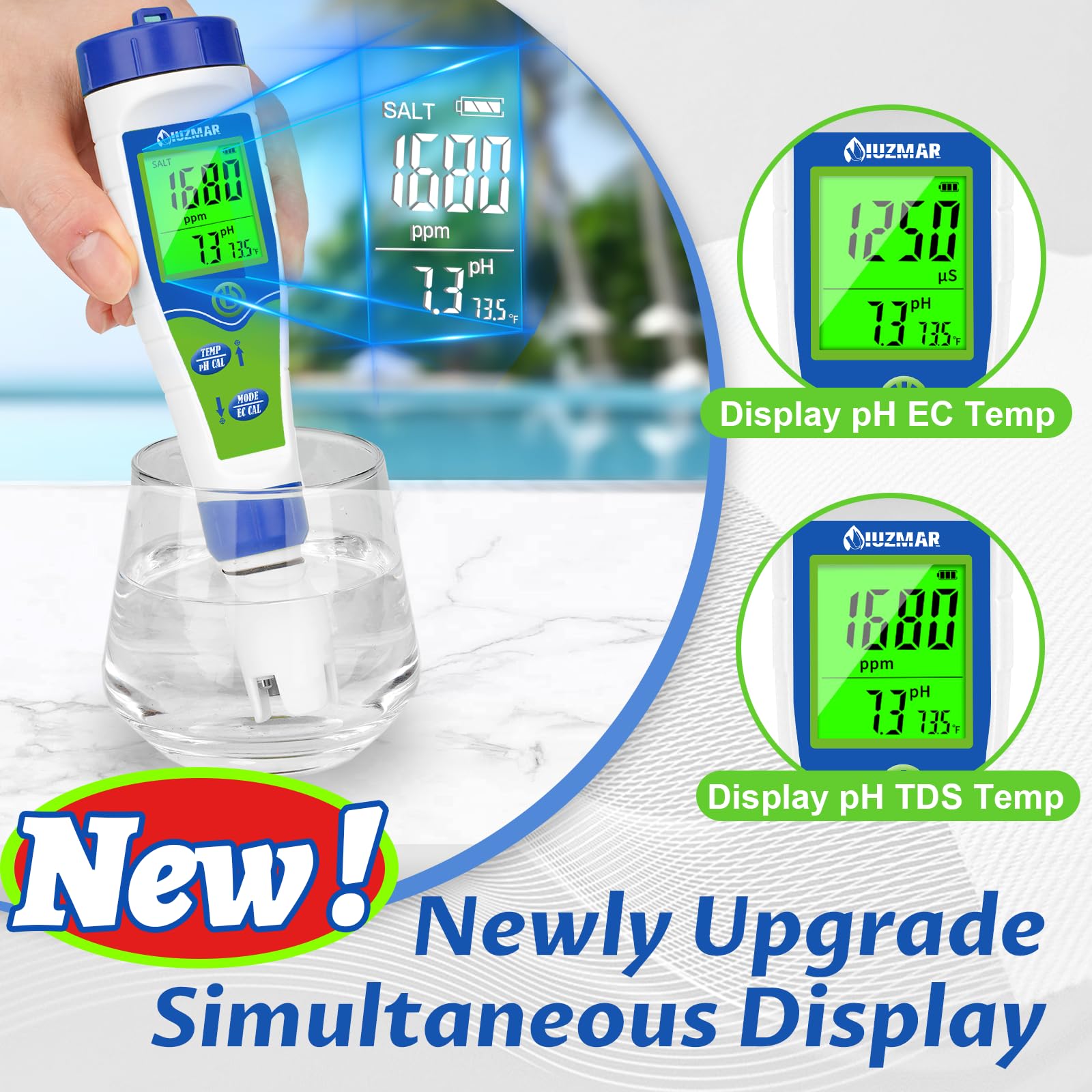 UIUZMAR pH Salt Tester for Swimming Pool Salinity Tester pH Meter Upgrade Simultaneous Display TDS EC PPM Meter for Hydroponics Salt Meter for Aquarium Fish Tank Saltwater Hot Tub Spa