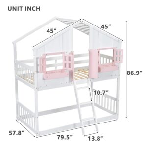 VilroCaz Twin Over Twin House Bunk Bed with Windows, Doors and Boxs, Wood House Roof Floor Bunk Bed Frame with Safety Guardrails and Ladder for Teens Kids Boys Girls (Pink/White 22)