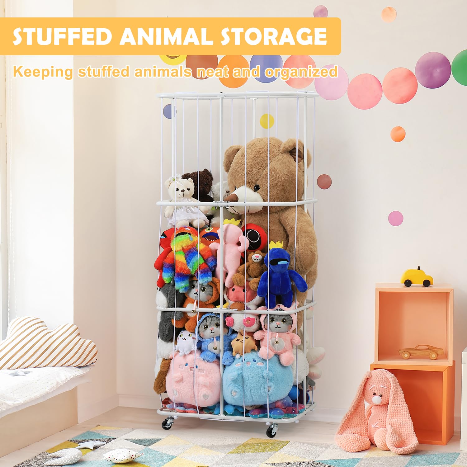 Ebeneze Metal Stuffed Animal Storage, Large Stuffed Animal Zoo Holder, Kids Toy Storage Organizer with Wheel and Elastic String, Plush Storage Shelf for Kids Room, Bedroom, Playroom, Nursery, White