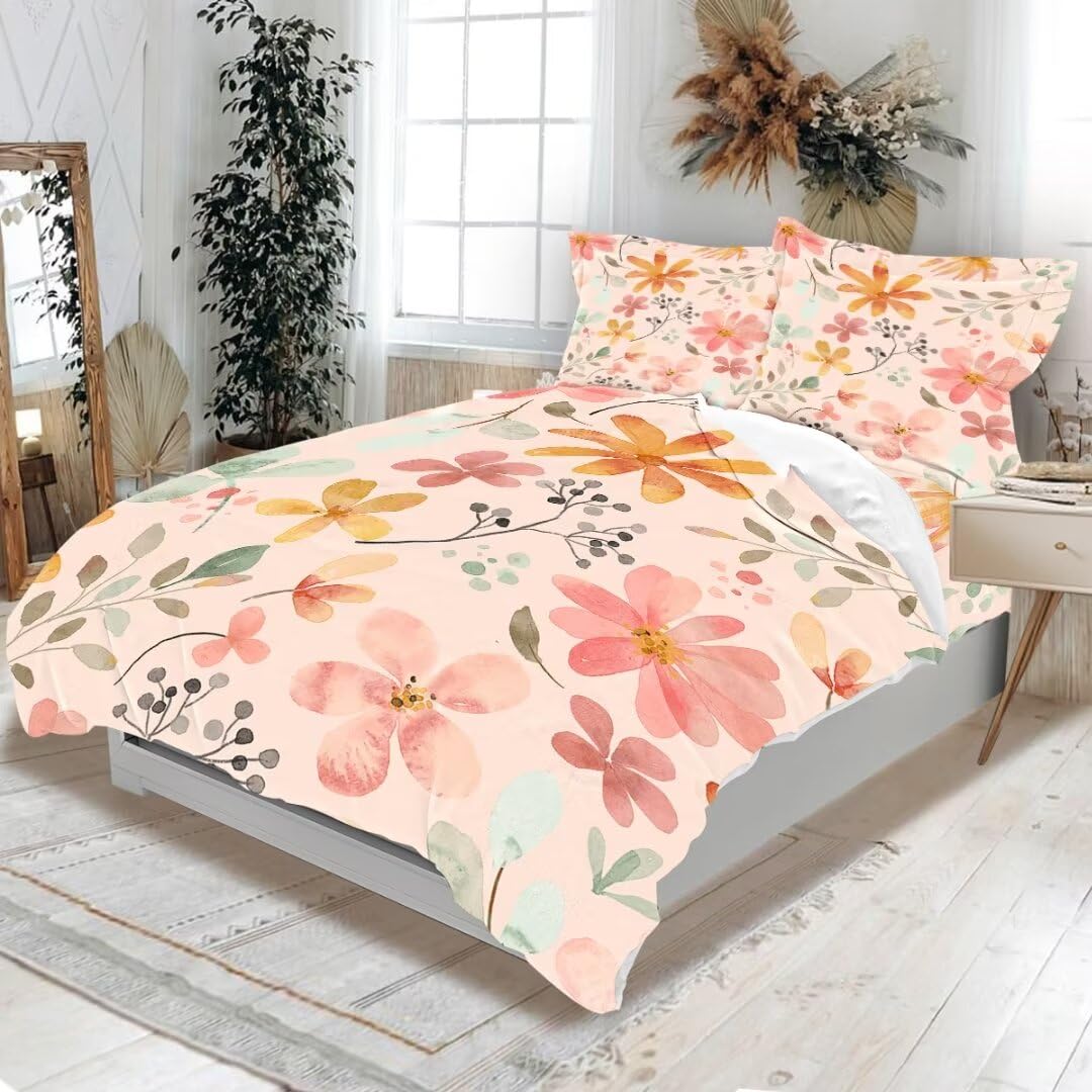 DiuuDi Pink Flowers Duvet Cover Full Size 3D Printed Light Pink Background Duvet Cover Set Orange Yellow Flowers Comforter Cover Cosy Quilt Cover Set 2 Pillowcases