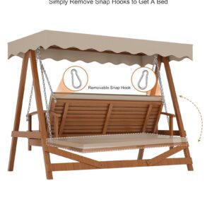 Kybolt Wooden Patio Swing with Adjustable Canopy,3-Seater Wood Patio Swing Bench Bed with Removable Cushion,Patio Swing Glider with Flatbed for Backyard Garden Balcony Poolside