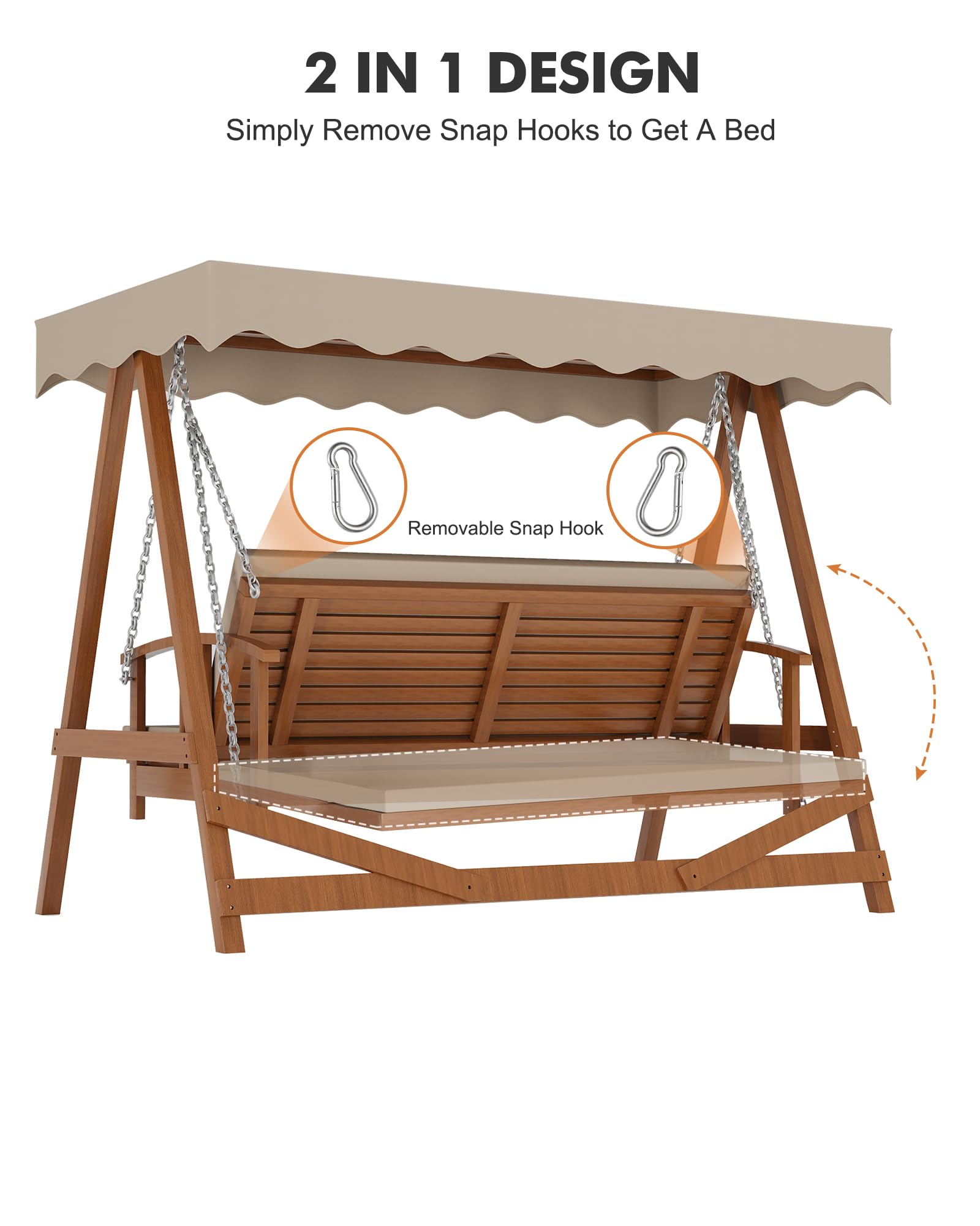 Kybolt Wooden Patio Swing with Adjustable Canopy,3-Seater Wood Patio Swing Bench Bed with Removable Cushion,Patio Swing Glider with Flatbed for Backyard Garden Balcony Poolside