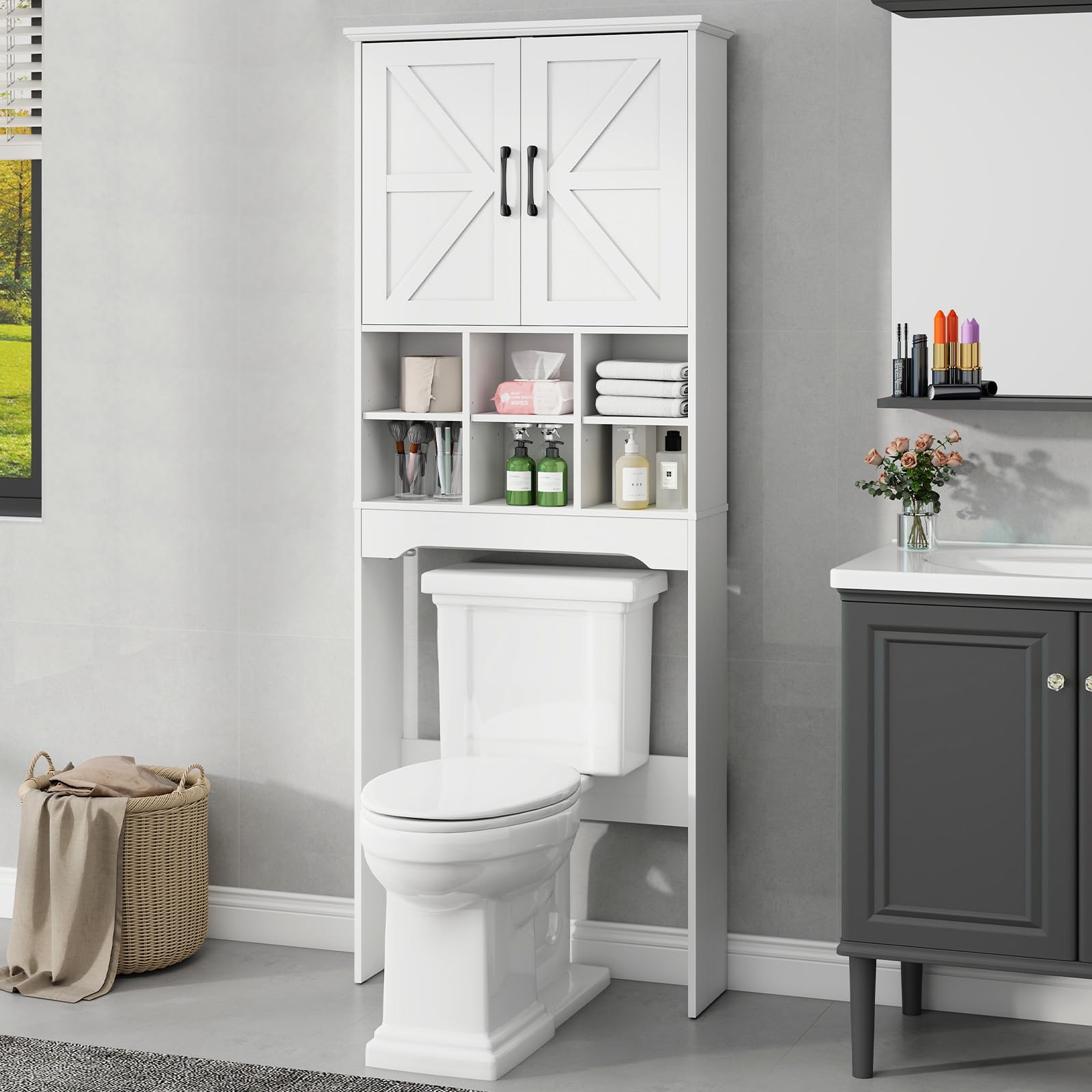 Befrases Over The Toilet Storage Cabinet with 2 Doors Storage Cabinet, Bathroom Storage Cabinet with Adjustable Storage Compartments, Suitable for Bathroom, Laundry Room, Small Spaces, White