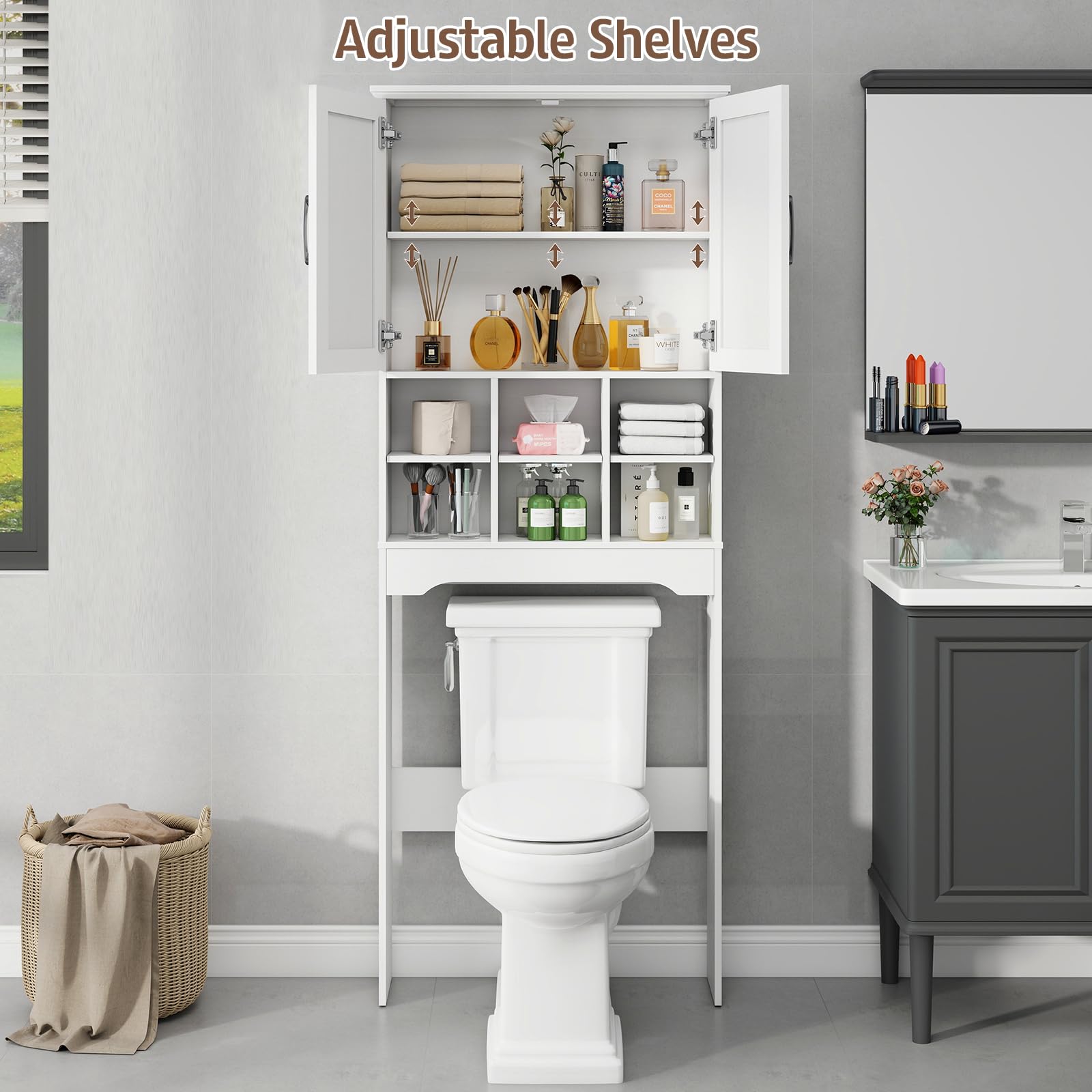 Befrases Over The Toilet Storage Cabinet with 2 Doors Storage Cabinet, Bathroom Storage Cabinet with Adjustable Storage Compartments, Suitable for Bathroom, Laundry Room, Small Spaces, White