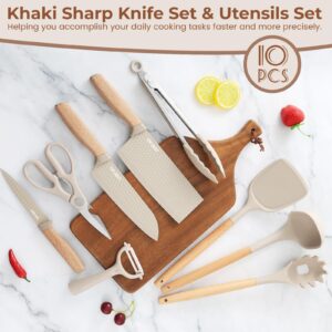 Kitchen Knife Sets, 10-Piece Khaki Sharp Knife Set & Kitchen Utensils Set with Block,Stainless Steel Knife Block Set,Silicone Cooking Utensils Set with Tongs,Utensils Holder for Storing Tools (Khaki)