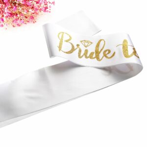 Ashaqshnglee Bride to Be Sash, Bachelorette Party Sash for Bridal Shower Wedding Party Favors Accessories Supplies Engagement Gifts,White Satin with Glitter Letter Gold