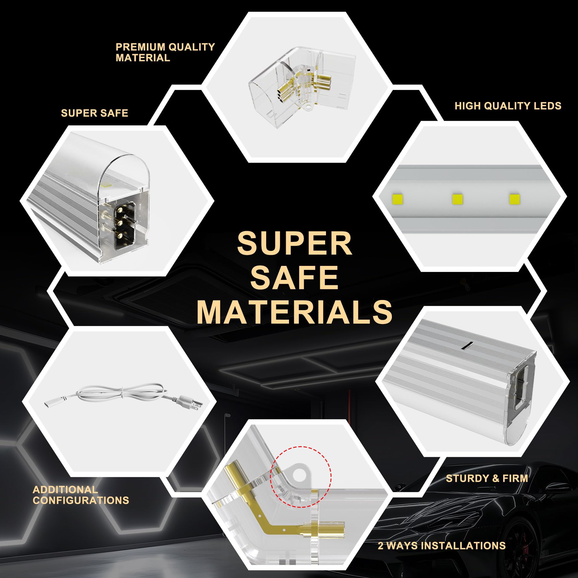 SLARY LED Hexagon Garage Lights, 24 Pack Car Garage Light Tubes, 192W, 23040LM, 6500K Super Bright, 5 Grid Systems Car Detailing Ceiling LED Light for Garage Warehouse Workshop Basement Gym