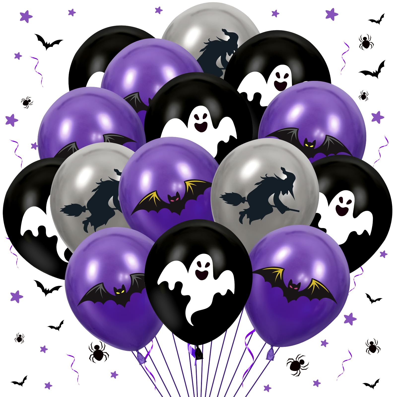 50Pcs Halloween Party Balloons Decorations Black Purple Silver Halloween Balloon 12 Inch Latex Balloons Bat Ghost Witch Balloon for Kids Halloween Trick or Treat Party Birthday Baby Shower Supplies